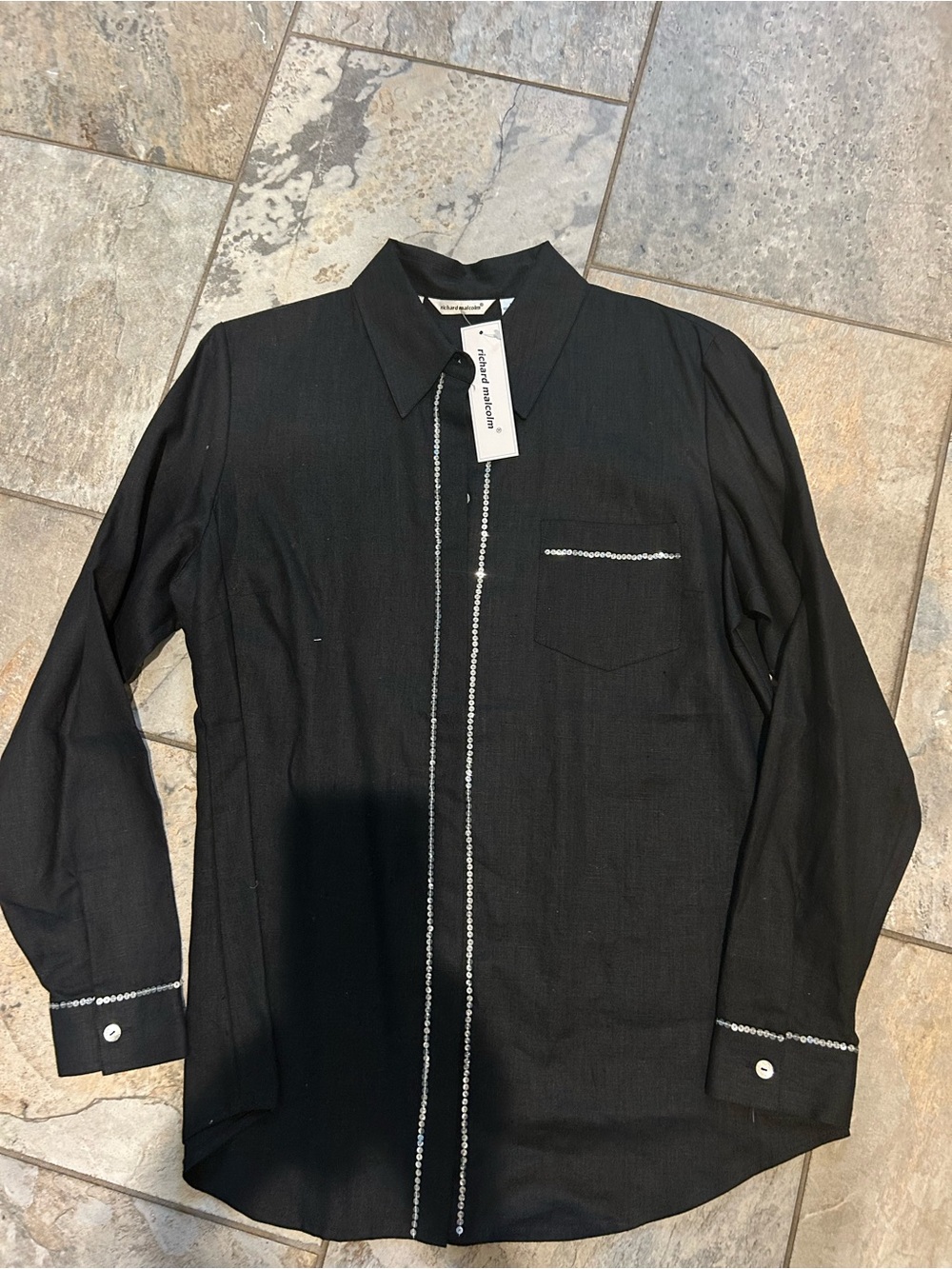 Black Irish Linen Button-Up Shirt with Rhinestone Trim
